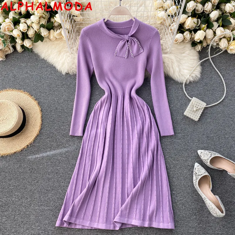 ALPHALMODA New Bow Collar Pleated Autumn Winter Women Sweet Knit Dress Slim Fit Solid Ladies Elegant Bottom Dress
ALPHALMODA New Bow Collar Pleated Autumn Winter Women Sweet Knit Dress Slim Fit Solid Ladies Elegant Bottom Dress