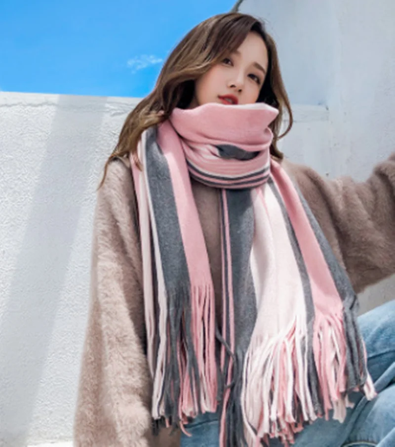 

2020 корейский новый стиль женские шарфы зимний полосатый утолщенный теплый хиджаб шарф кашемировая шаль и длинный студенческий шейный