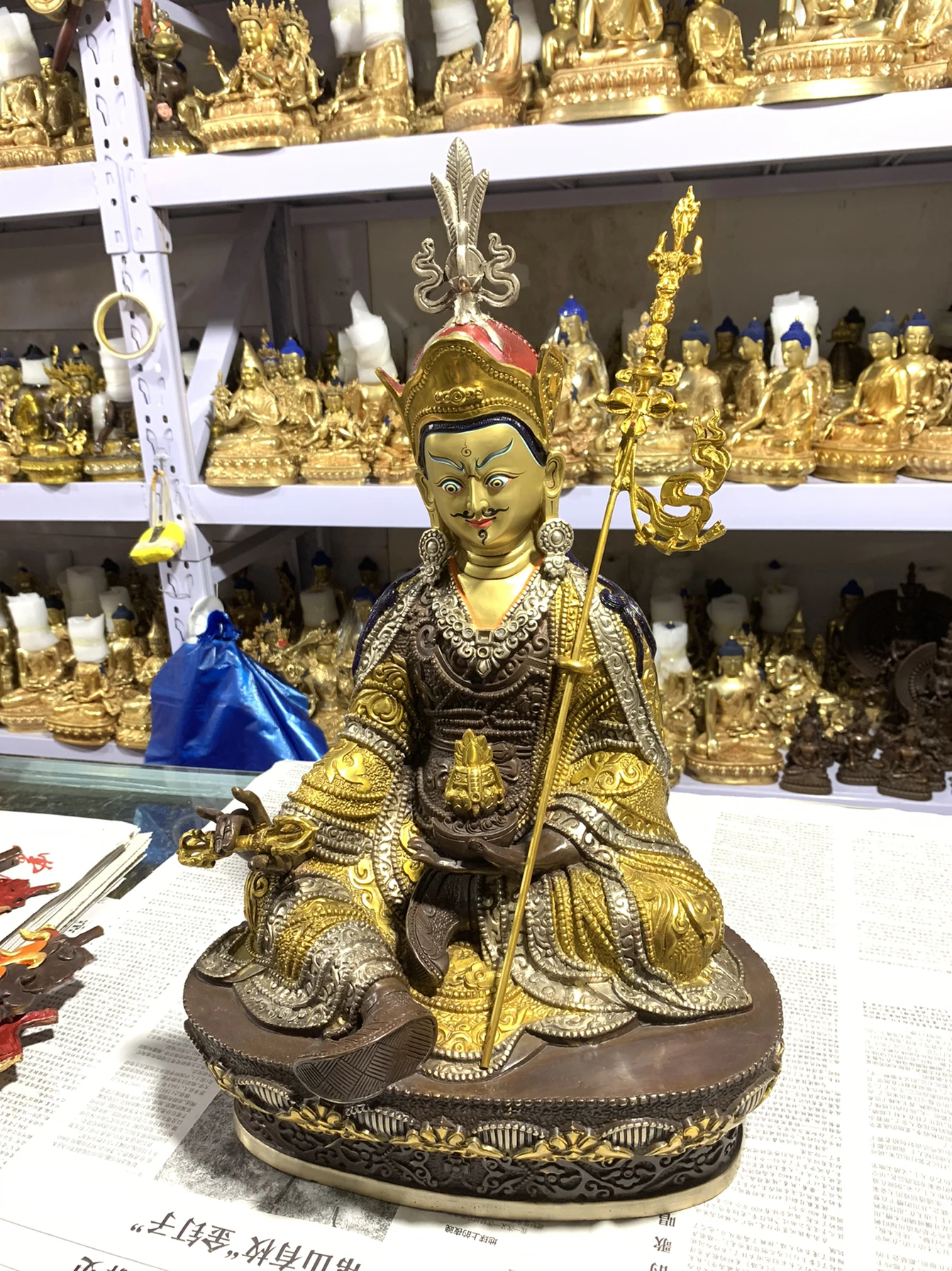 

48CM large HOME temple Talisman efficacious Protection Tibet Nepal Buddhism Padmakara Guru Rinpoche Buddha Gilding brass statue