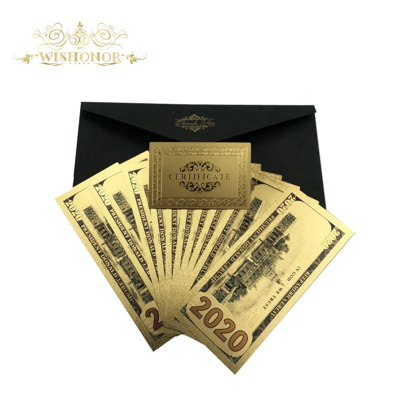 2000Pcs New America 2020 Year Trump Banknotes 2020 Dollar Bills Banknote in 24K Gold Plated Paper Money For Gifts
2000Pcs New America 2020 Year Trump Banknotes 2020 Dollar Bills Banknote in 24K Gold Plated Paper Money For Gifts