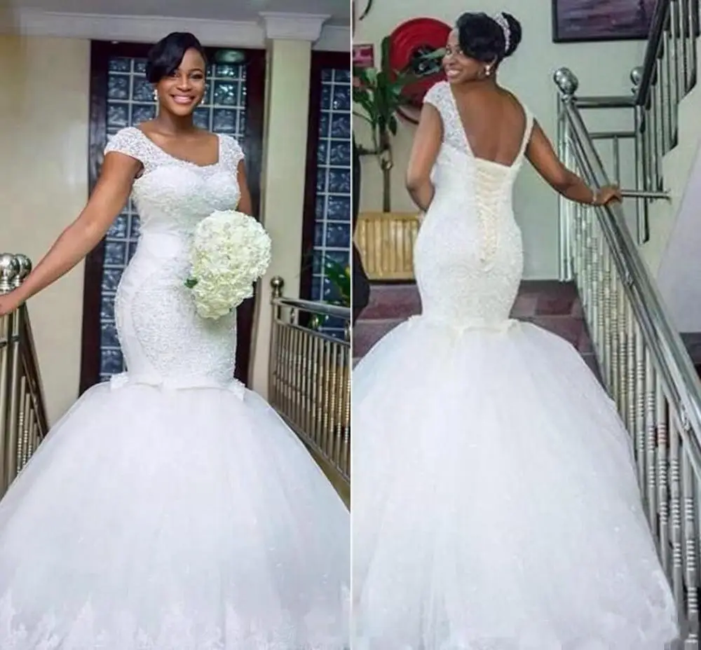 

Африканские нигерийские белые свадебные платья русалки, Кружевная аппликация, кружево, спина, длина до пола, бисер