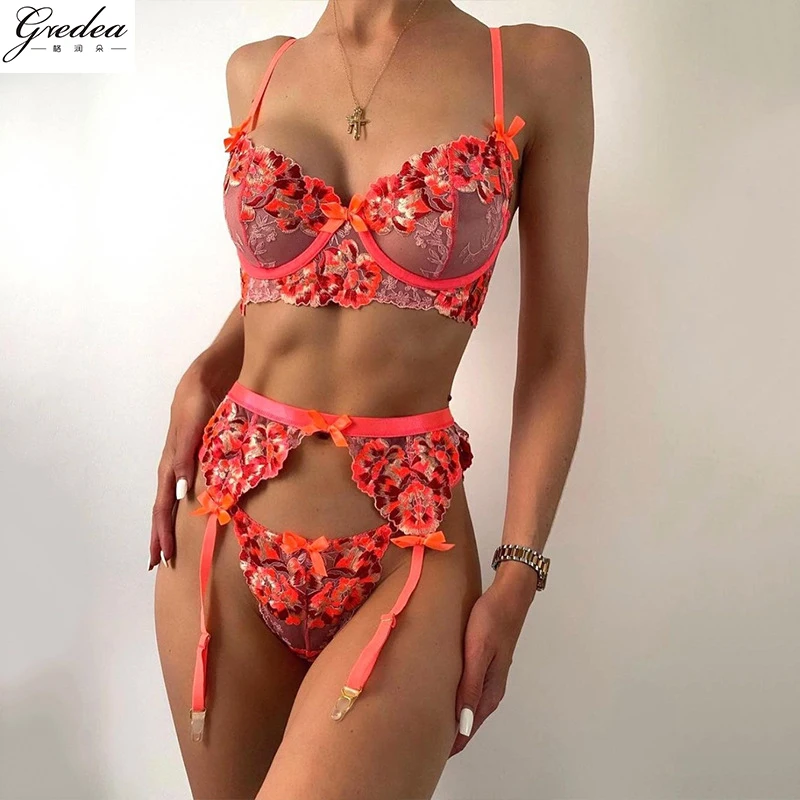 GREDEA New Women's Thin Mesh Embroidered Sexy Lingerie Underwire Gather Bra Garter Belt Thong Erotic Underwear Three-Piece Set
GREDEA New Women's Thin Mesh Embroidered Sexy Lingerie Underwire Gather Bra Garter Belt Thong Erotic Underwear Three-Piece Set