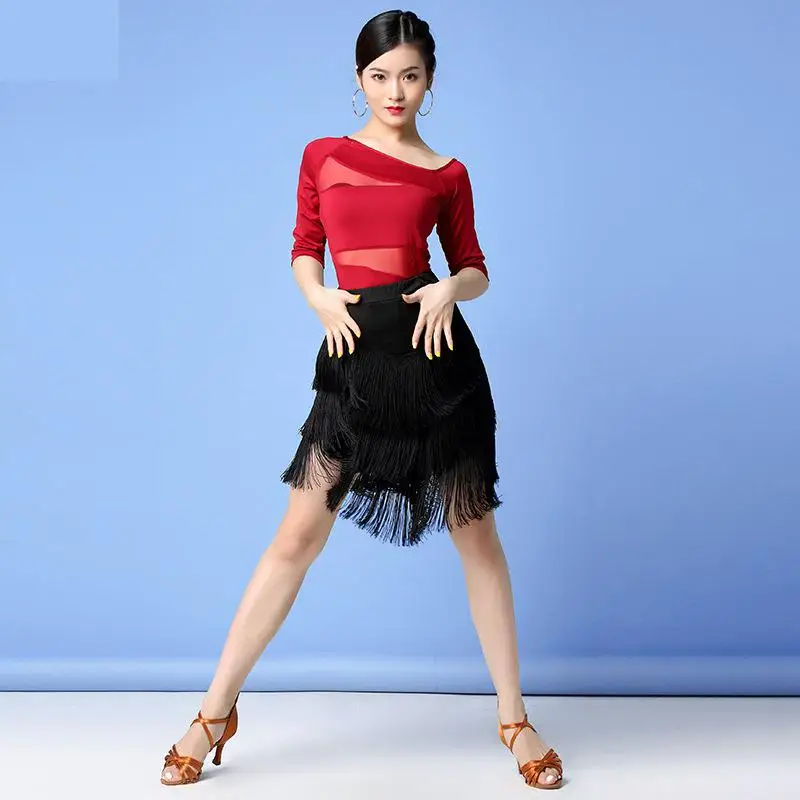 

New 2020 Sexy Fashion Women Dance Clothes Salsa Samba Wear Class Dress Short Sleeves Spandex Top Lace Latin Costume Fringe Skirt