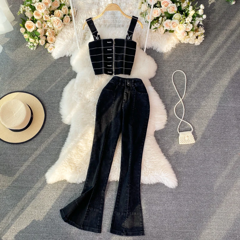 2021 Summer Sexy 2PCS Suit Short denim Camisole Top + Split flare Jeans Trousers Two-Piece Sets Elegant Slim
2021 Summer Sexy 2PCS Suit Short denim Camisole Top + Split flare Jeans Trousers Two-Piece Sets Elegant Slim