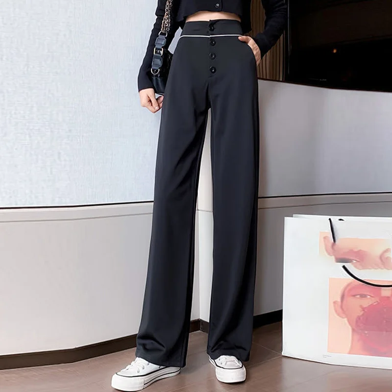 Брюки женские с завышенной талией, повседневные свободные штаны с широкими штанинами, до пола, черные Костюмные брюки, весна-лето 2021
Брюки женские с завышенной талией, повседневные свободные штаны с широкими штанинами, до пола, черные Костюмные брюки, весна-лето 2021