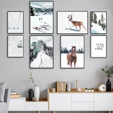 Horse Deer Snow Mountain Forest Ski Board Wall Art Canvas Painting Nordic Posters And Prints Pictures For Living Room Homr Decor