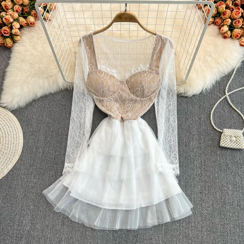 Fashion Party Mini Dress Sexy Hollow Out Mesh Lace Dress Women Elegant Square Collar Long Sleeve Spring Summer Short Club Dress
Fashion Party Mini Dress Sexy Hollow Out Mesh Lace Dress Women Elegant Square Collar Long Sleeve Spring Summer Short Club Dress