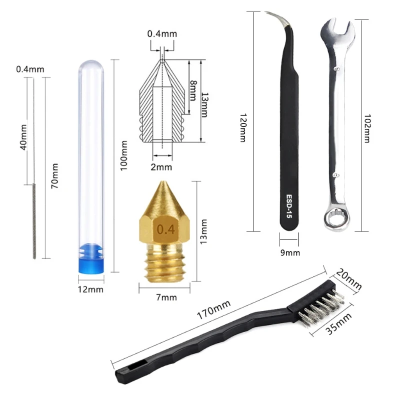 67JA 16pcs MK8 Nozzle Cleaning Kit Brass Extruder Hotend 0.4mm Needles Nozzles for 1.75mm 3D Printers Cleaner Set
67JA 16pcs MK8 Nozzle Cleaning Kit Brass Extruder Hotend 0.4mm Needles Nozzles for 1.75mm 3D Printers Cleaner Set