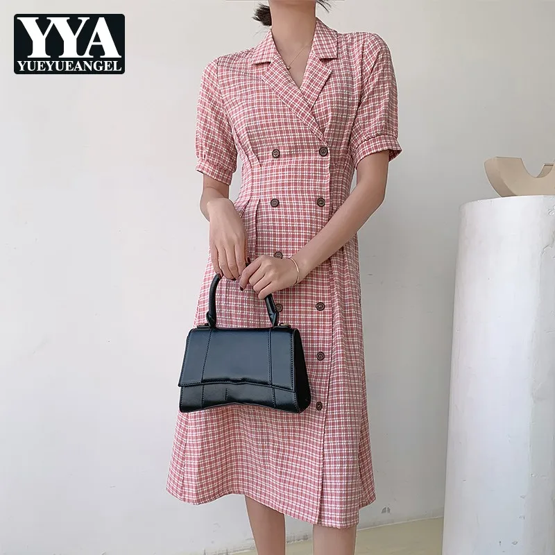Women Summer Long A-Line Dress Suit Collar Sweet High Waist Double Breasted Plaid Dress Elegant Office Lady Short Sleeve Dress
Women Summer Long A-Line Dress Suit Collar Sweet High Waist Double Breasted Plaid Dress Elegant Office Lady Short Sleeve Dress