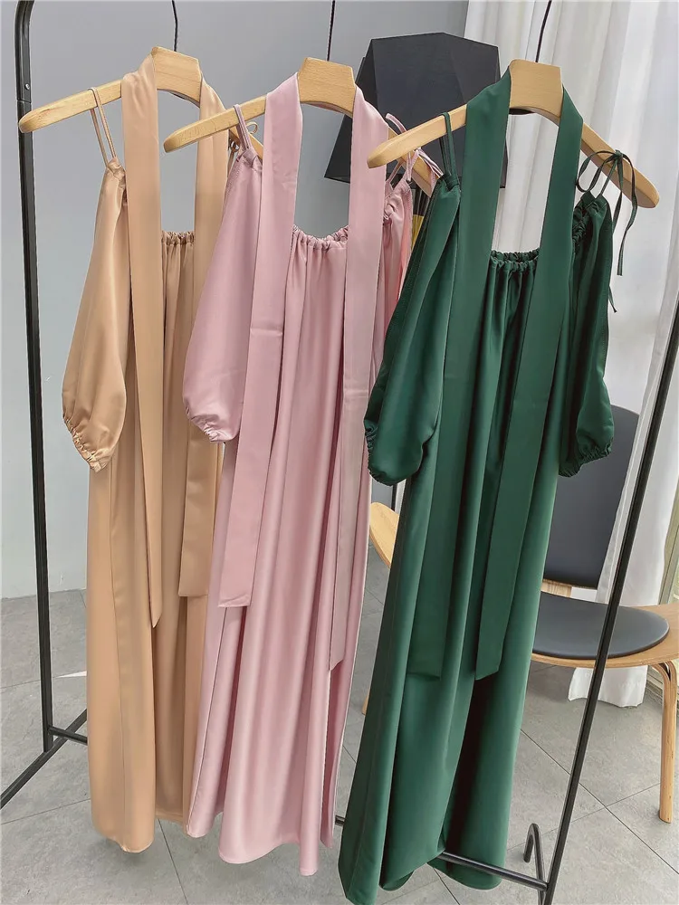 2021 Summer Ladies Elegant Slimming Suspender Maxi Dress Women Off-Shoulder French Acetate Satin High-End Solid Slash Neck Dress
2021 Summer Ladies Elegant Slimming Suspender Maxi Dress Women Off-Shoulder French Acetate Satin High-End Solid Slash Neck Dress