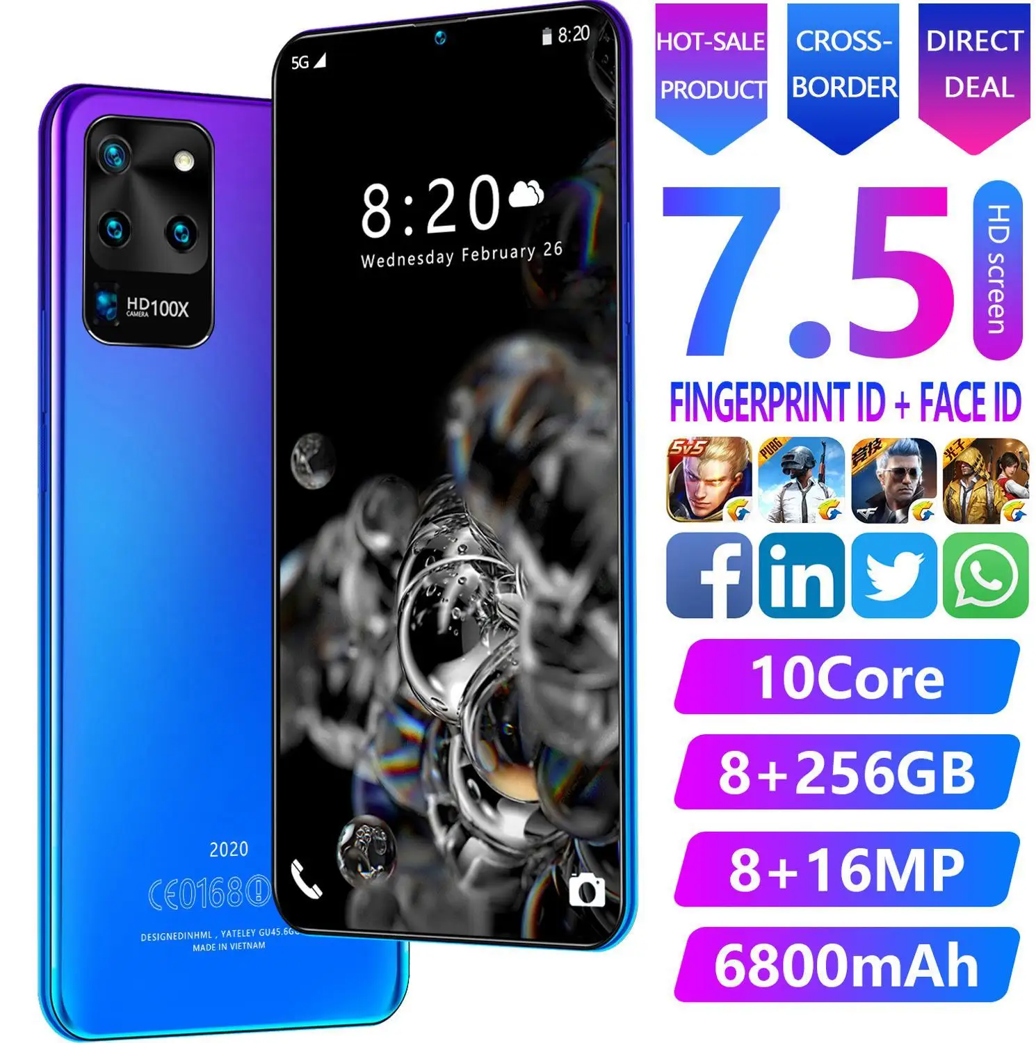 7.5 Inch Galay S20 6800 mAh Smartphone Android 10.0 Mobile Phones 5g Net 10 Core Unlock New MediaTek Global Version Cellphone 
7.5 Inch Galay S20 6800 mAh Smartphone Android 10.0 Mobile Phones 5g Net 10 Core Unlock New MediaTek Global Version Cellphone