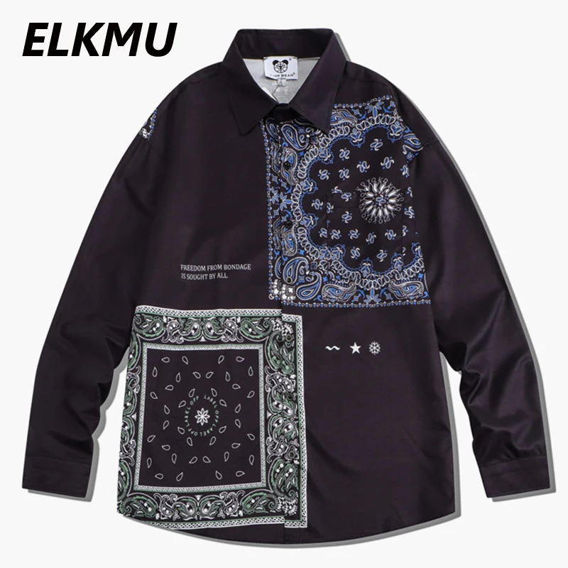 

ELKMU Mens Long Sleeve Shirt Bandana Paisley Pattern Hip Hop Streetwear Shirts Men Harajuku Autumn Jackets Unisex HM615