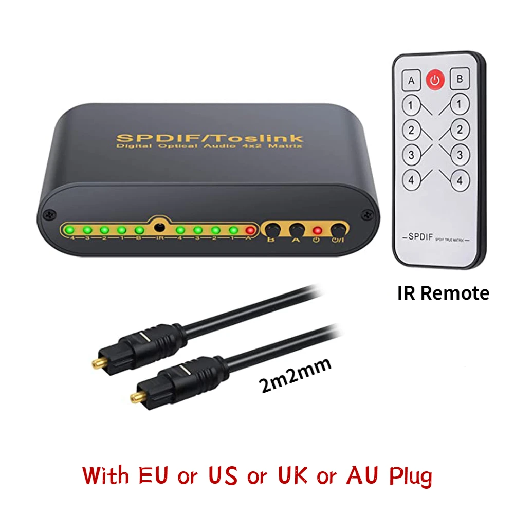 SPDIF Toslink Splitter 4 Ports 4x2 Toslink Digital Optical Audio Switcher Matrix 4 In 2 Out with Optical Cable and IR Remote
SPDIF Toslink Splitter 4 Ports 4x2 Toslink Digital Optical Audio Switcher Matrix 4 In 2 Out with Optical Cable and IR Remote