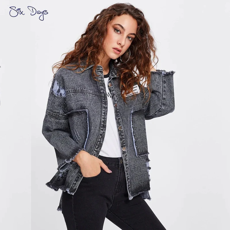 Spring Vintage Black Denim Jacket Women Leisure Frayed Hem Coat Long Sleeve Appliques Newspaper Pattern Outerwear Jeans Jacket
Spring Vintage Black Denim Jacket Women Leisure Frayed Hem Coat Long Sleeve Appliques Newspaper Pattern Outerwear Jeans Jacket