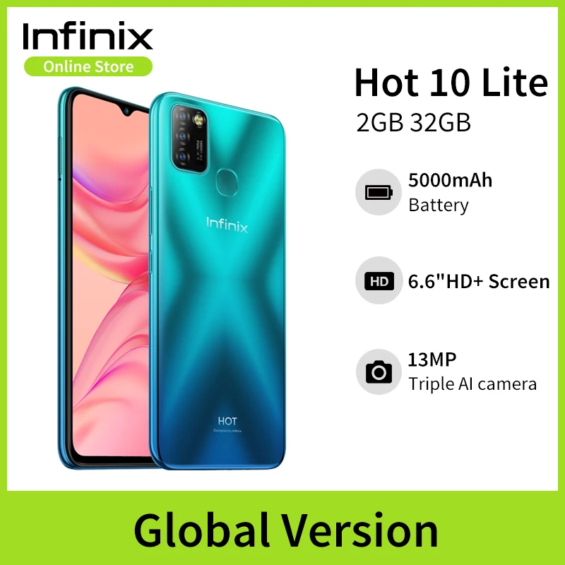 Глобальная версия Infinix Hot 10 Lite 2 ГБ 32 Смартфон 6 '' HD 1600 * 720 P 5000 мАч Батарея 13MP