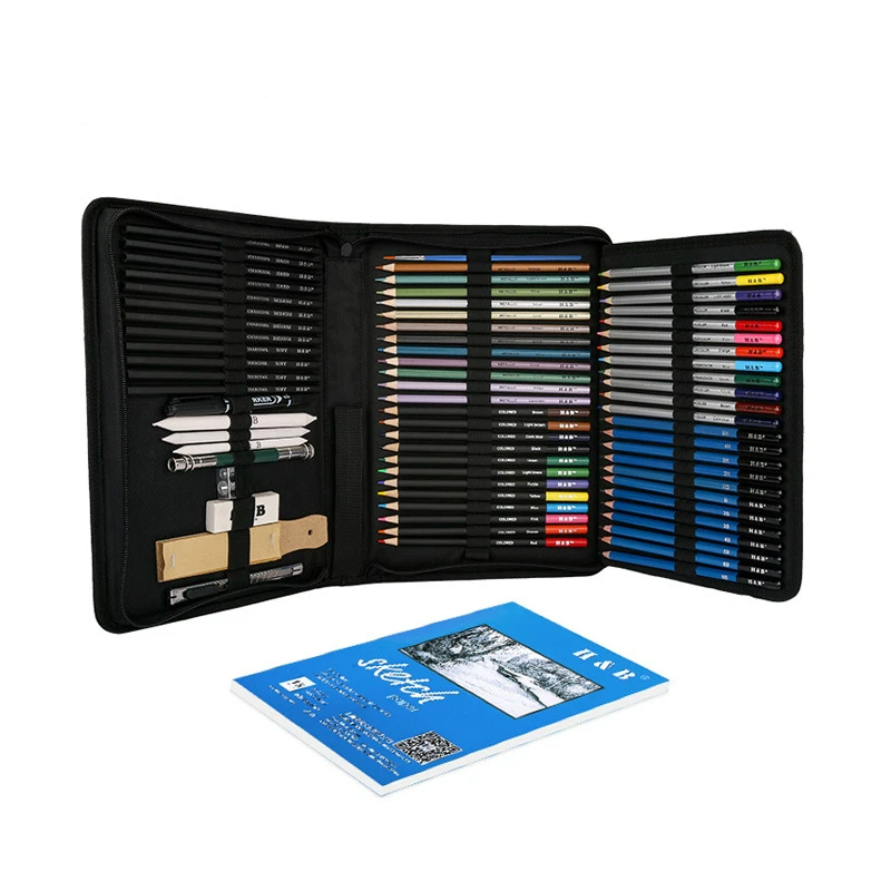 Colored Pencil Drawing 71 pcs Art Kit HB-CBPB071-3 Premium Sketchbook Zipper Case Tools Professional Sketch Pencils Set | Канцтовары для