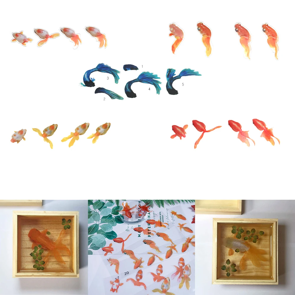 

1Set 10Style Clear 3D Goldfish Blue Fish Tail Water Grass Film Sticker Epoxy Resin for Carft Goldfish Painting Jewelry Fillings