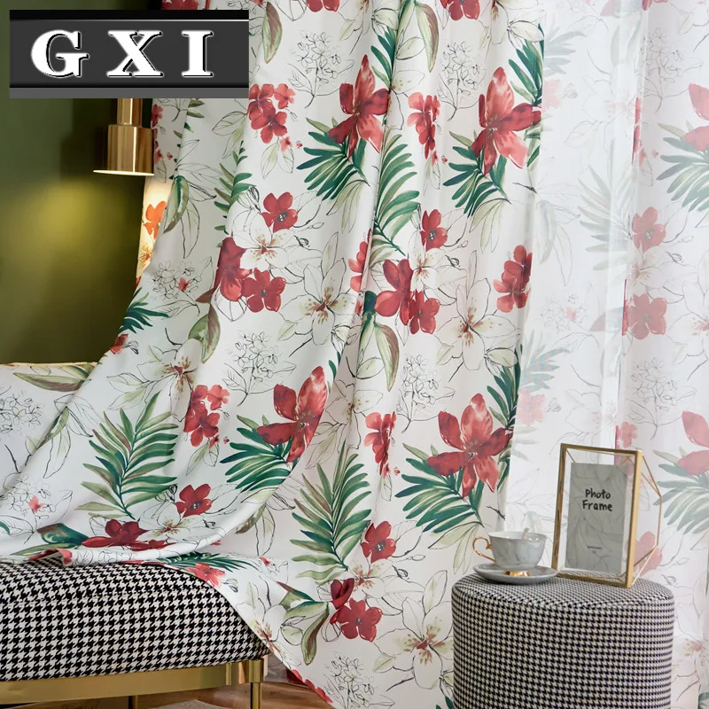 

Red Flowers Printed American Pastoral Village Window Door Curtains for Living Room and Bedroom High Shading Rate Tulle Curtains