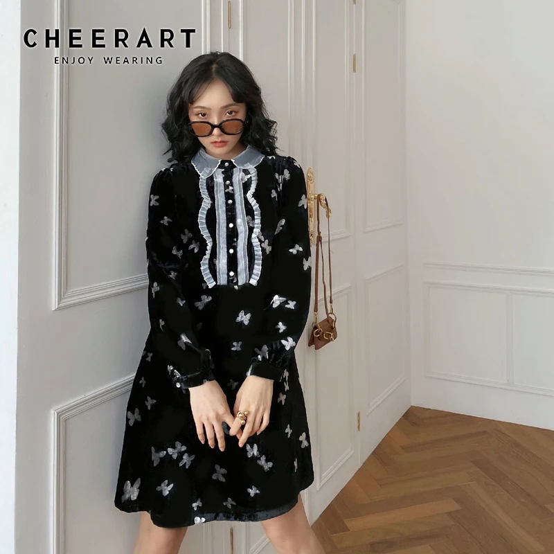 CHEERART Butterfly Velvet Winter Dress 2020 Vintage Peter Pan Collar Black Long Sleeve Classy Mini Ladies Dress Korean Fashion
CHEERART Butterfly Velvet Winter Dress 2020 Vintage Peter Pan Collar Black Long Sleeve Classy Mini Ladies Dress Korean Fashion