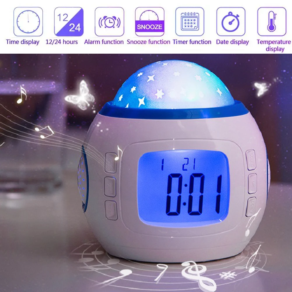 Creative Unique Alarm Clock Children Baby Room Music Starry Sky Projection Night Light Projector Color Change Bedside Lamp Clock
Creative Unique Alarm Clock Children Baby Room Music Starry Sky Projection Night Light Projector Color Change Bedside Lamp Clock