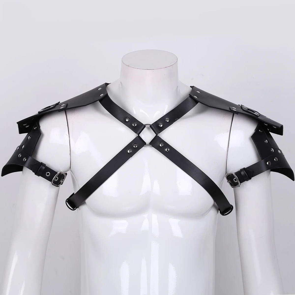 

Black Mens Bondage Sexy Clubwear Steampunk Shoulder Knight Pauldrons Faux Leather O-Ring Armors Halloween Role Play Costumes