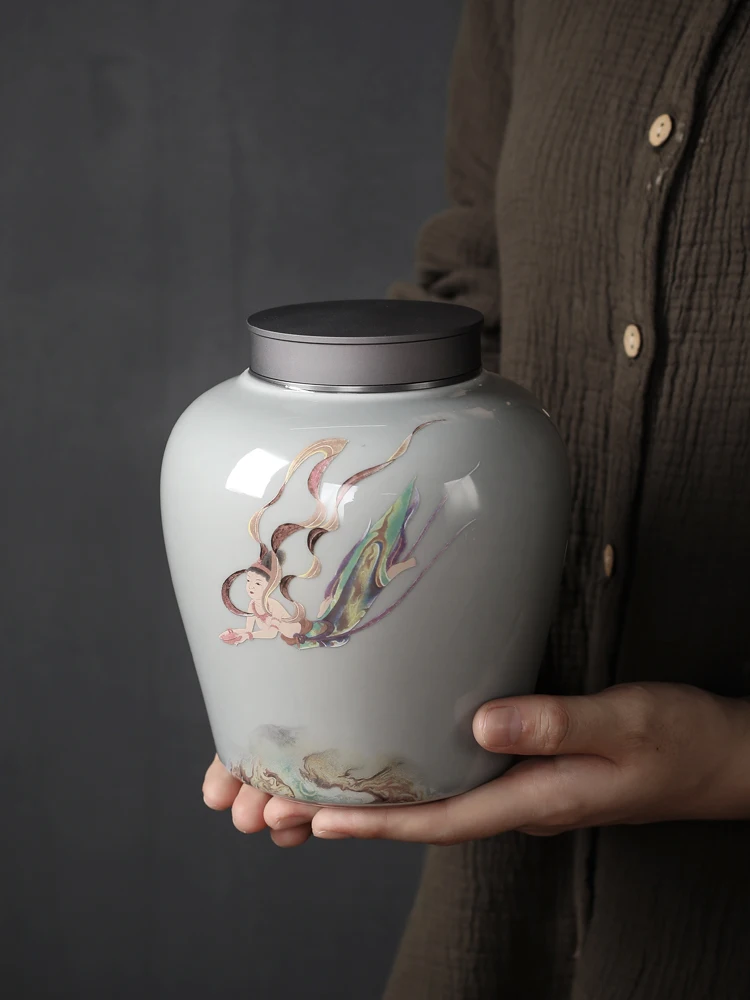 Painted Flying Goddess Ceramic Tea Caddy Double-sealed Alloy Cans Candy Food Storage Container Bottle Box Crafts Home Decoration
Painted Flying Goddess Ceramic Tea Caddy Double-sealed Alloy Cans Candy Food Storage Container Bottle Box Crafts Home Decoration