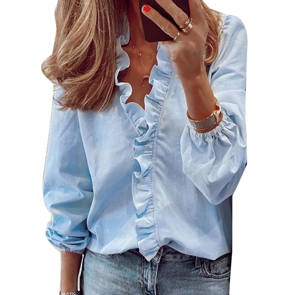 Fashion Ruffles Women Shirt Sexy V Neck Long Sleeves Ladies Pullover Streetwear T-Shirt Casual Solid Color Female Blouses
Fashion Ruffles Women Shirt Sexy V Neck Long Sleeves Ladies Pullover Streetwear T-Shirt Casual Solid Color Female Blouses
