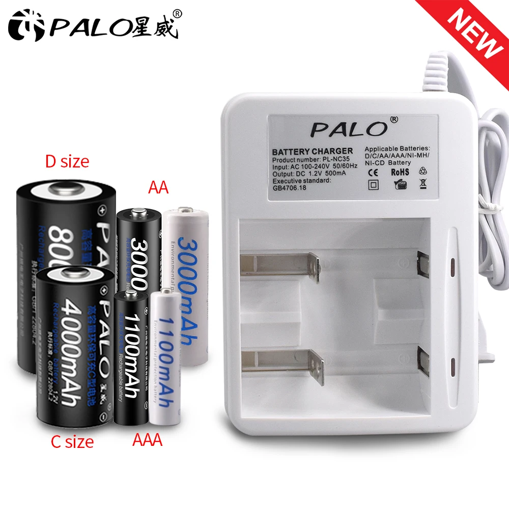 PALO 2 slots LED Display Smart Battery Charger For 1.2V Ni-CD Ni-MH AA/AAA/C/D Size Rechargeable Battery with US EU plug
PALO 2 slots LED Display Smart Battery Charger For 1.2V Ni-CD Ni-MH AA/AAA/C/D Size Rechargeable Battery with US EU plug