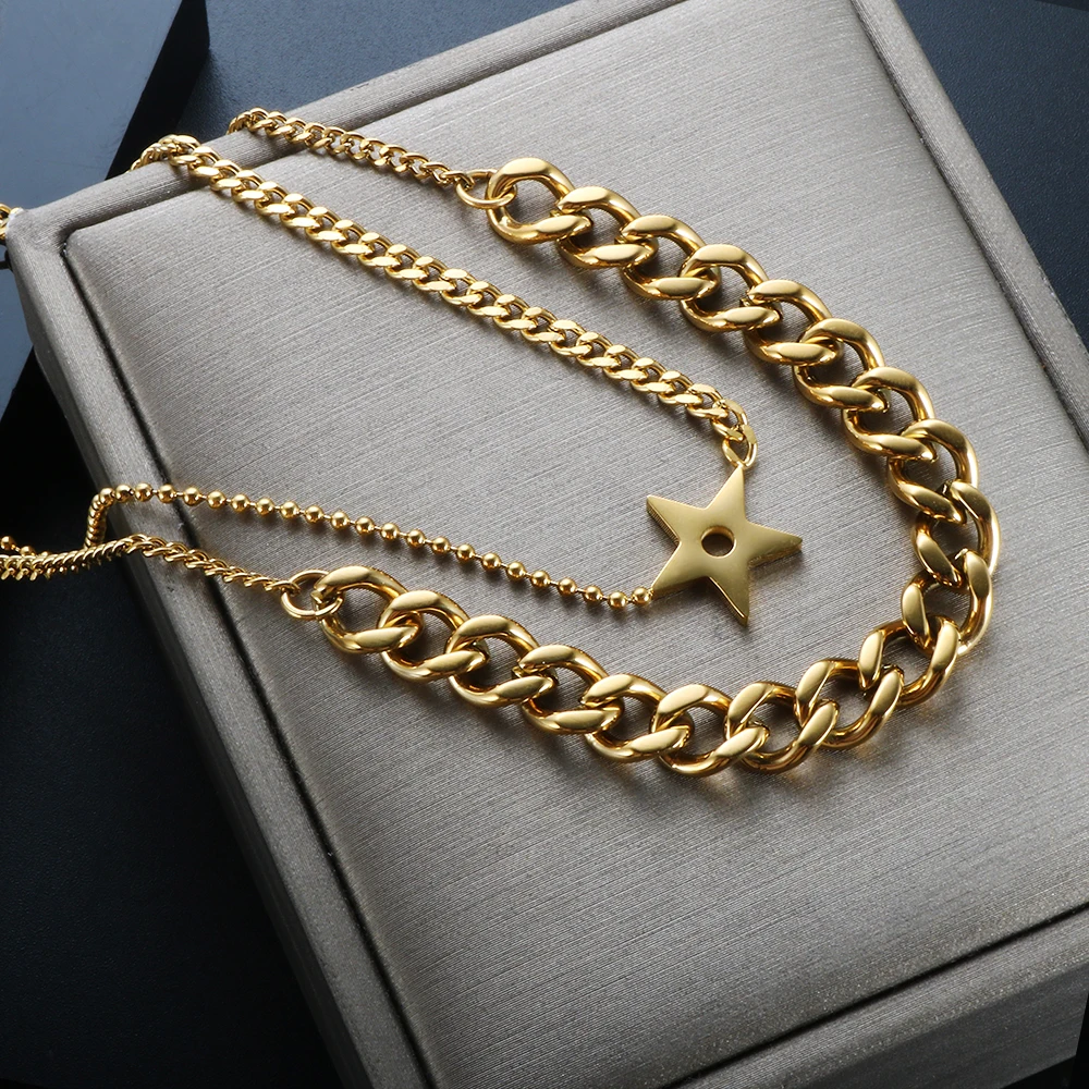 ZMFashion Vintage Multilayer Star Cuban Link Chain Necklace Stainless Steel Punk Clavicle Choker Layered Jewelry For Women Men
ZMFashion Vintage Multilayer Star Cuban Link Chain Necklace Stainless Steel Punk Clavicle Choker Layered Jewelry For Women Men