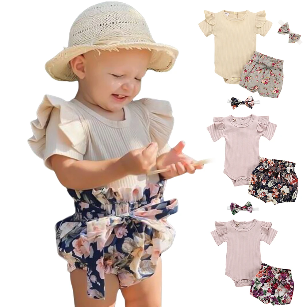 Summer Baby Girl Clothes Infant Newborn Baby Girl Ruffled Ribbed Bodysuit Short Sleeve top+Floral Shorts +Bow Headband 3Pcs Set
Summer Baby Girl Clothes Infant Newborn Baby Girl Ruffled Ribbed Bodysuit Short Sleeve top+Floral Shorts +Bow Headband 3Pcs Set
