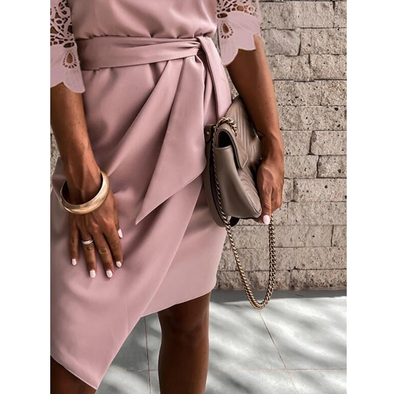 Mandylandy Short Sleeve Dress Women's Solid Color Tied Stitching Irregular Dress Summer Lace One-Shoulder Slash Neck Split Dress
Mandylandy Short Sleeve Dress Women's Solid Color Tied Stitching Irregular Dress Summer Lace One-Shoulder Slash Neck Split Dress