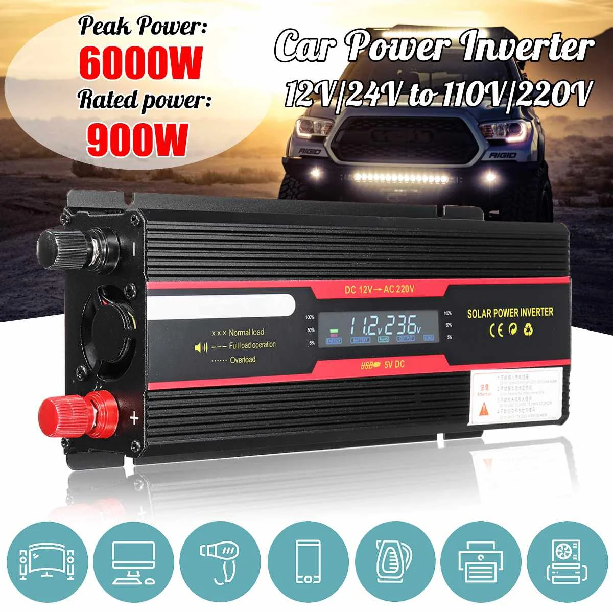 Car Inverter 12V 220V 6000W Peak Solar Power Inverter LCD Display DC 12/24V to AC 110/220V Modified Sine Wave Converter Inversor
Car Inverter 12V 220V 6000W Peak Solar Power Inverter LCD Display DC 12/24V to AC 110/220V Modified Sine Wave Converter Inversor