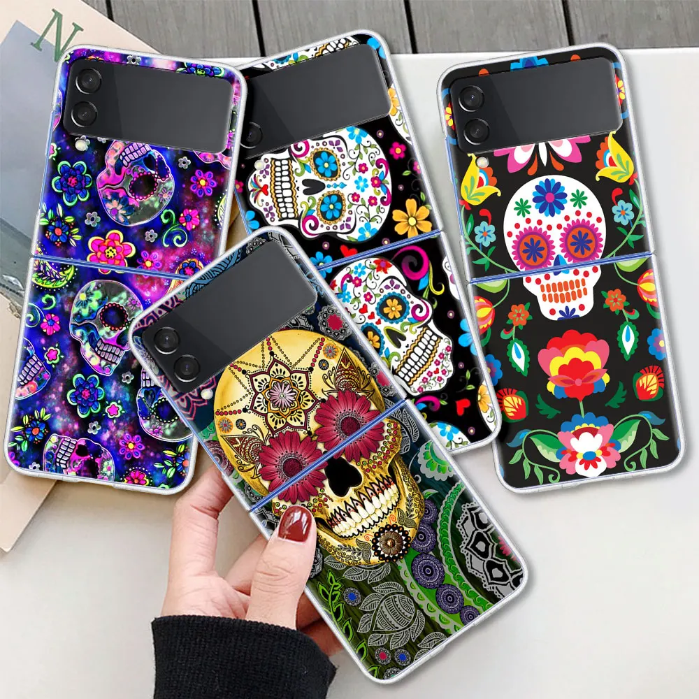 

Cool Flower Skull Art Cell Phone Case For Samsung Galaxy Z Flip 3 5G Translucent Casing ZFlip 6.7Inch Capa Hard Shell Fundas