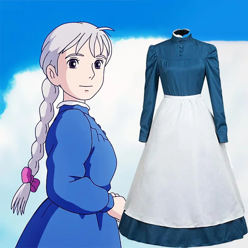 

Japan Anime Movies Howl's Moving Castle Cosplay Sophie Maid Dress Halloween Party Women Long Sleeve Blue Dress