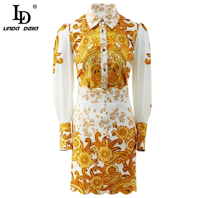 LD LINDA DELLA Runway Fashion Autumn Vintage Suit Women's Puff Sleeve Printed Shirt And High Waist Mini Skirt Two Pieces Set | Женская