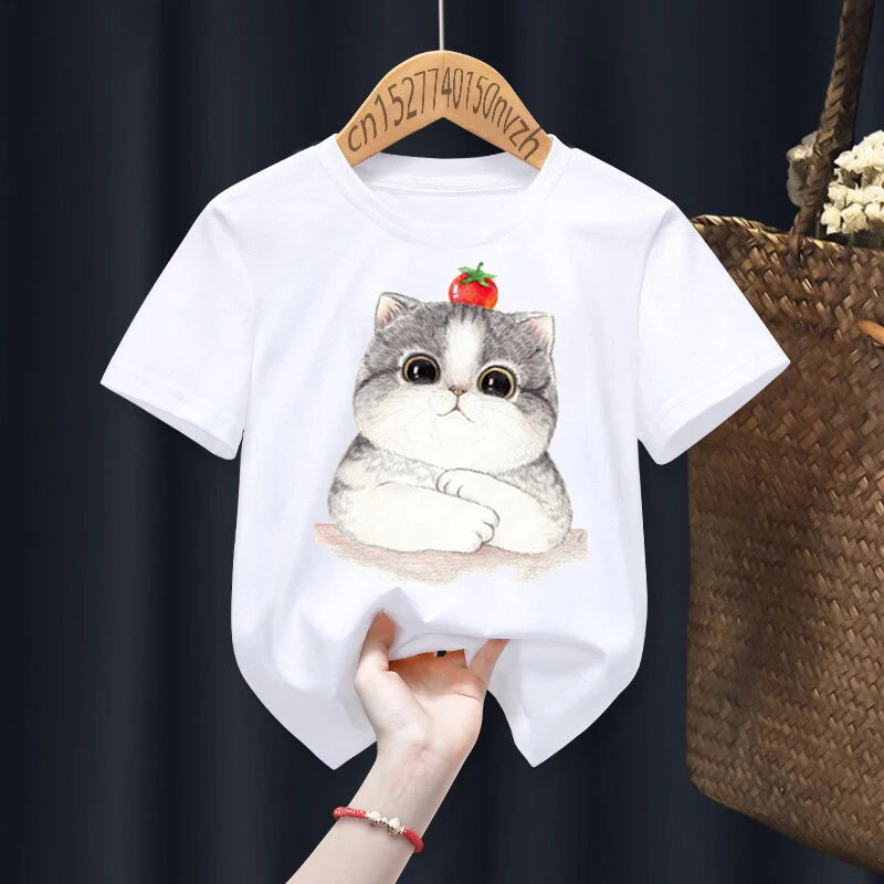 Новинка 2021 белая футболка с принтом Kawaii Meow Cat Kitten Girls розовая Милая Детская летняя