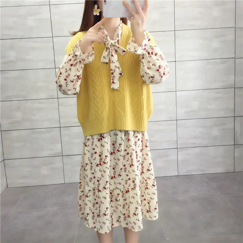 Spring Two-Piece Knitted Vest Women Lazy Floral Chiffon Long Dress