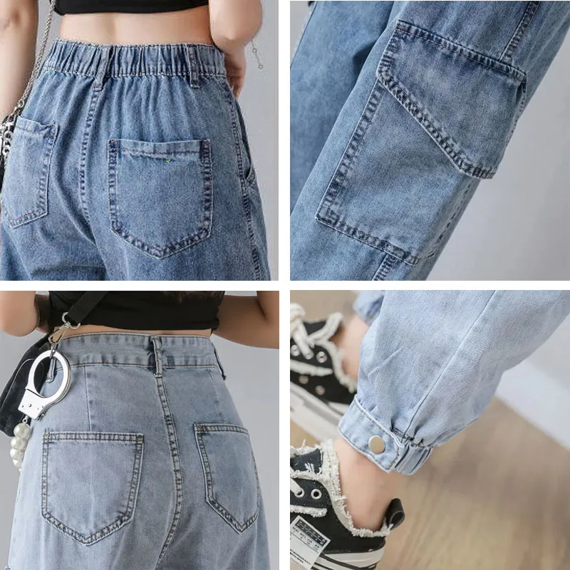 Casual Loose Denim Ankle Banded Pants Women Elastic High Waist Big Pocket Blue Jeans Streetwear Boyfriend Denim Cargo Pants
Casual Loose Denim Ankle Banded Pants Women Elastic High Waist Big Pocket Blue Jeans Streetwear Boyfriend Denim Cargo Pants