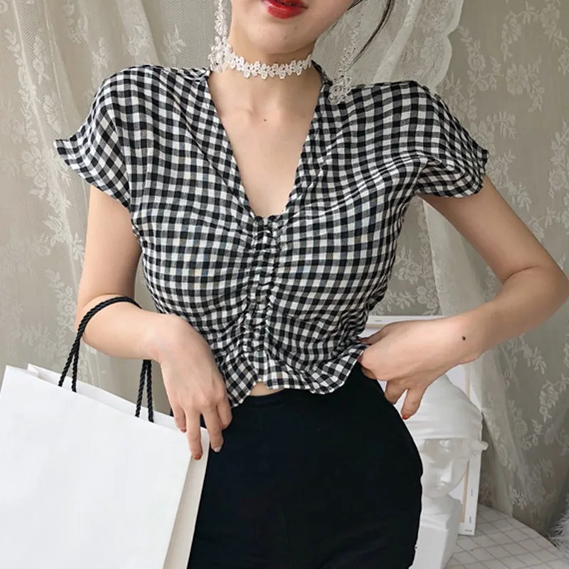 Women Casual Shirts Summer V-Neck Plaid Ladies Crop Top Sexy Blouses Female Fashion Tops Clothing
Women Casual Shirts Summer V-Neck Plaid Ladies Crop Top Sexy Blouses Female Fashion Tops Clothing