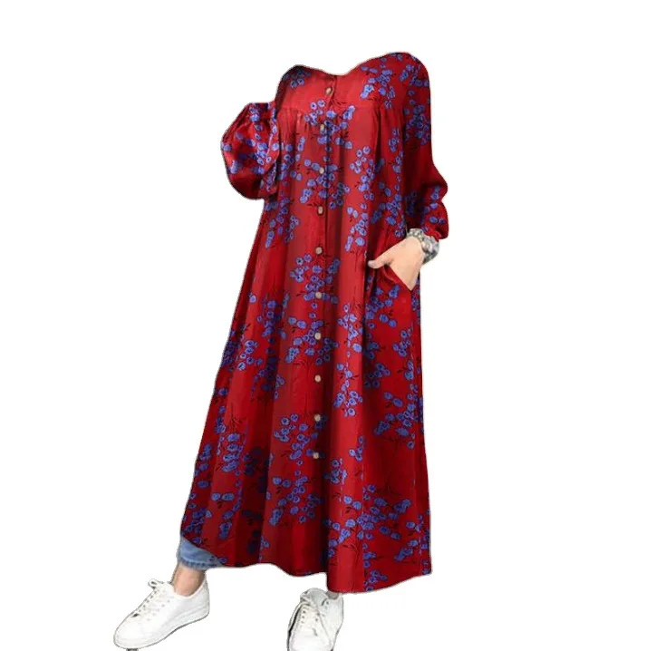 Round neck printed cotton long sleeve loose swing dress 
Round neck printed cotton long sleeve loose swing dress