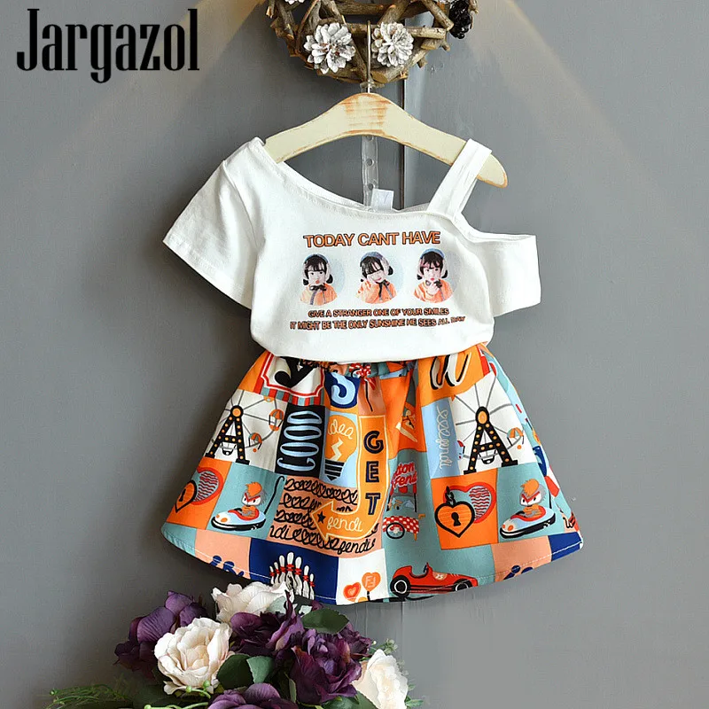 

Jargazol Summer Kids Clothes Cartoon Graffiti Off The Shoulder Shirt&skirt Little Girls Clothing Set Fashion Children Oufits