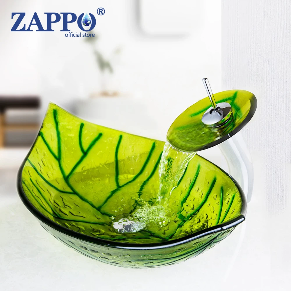 

ZAPPO Luxury Basin Sink Faucet Combo Green Shape Tempered Glass Vessel Sinks Vanity Gorgeous Basin Sink W/ Waterfall Faucet Sets