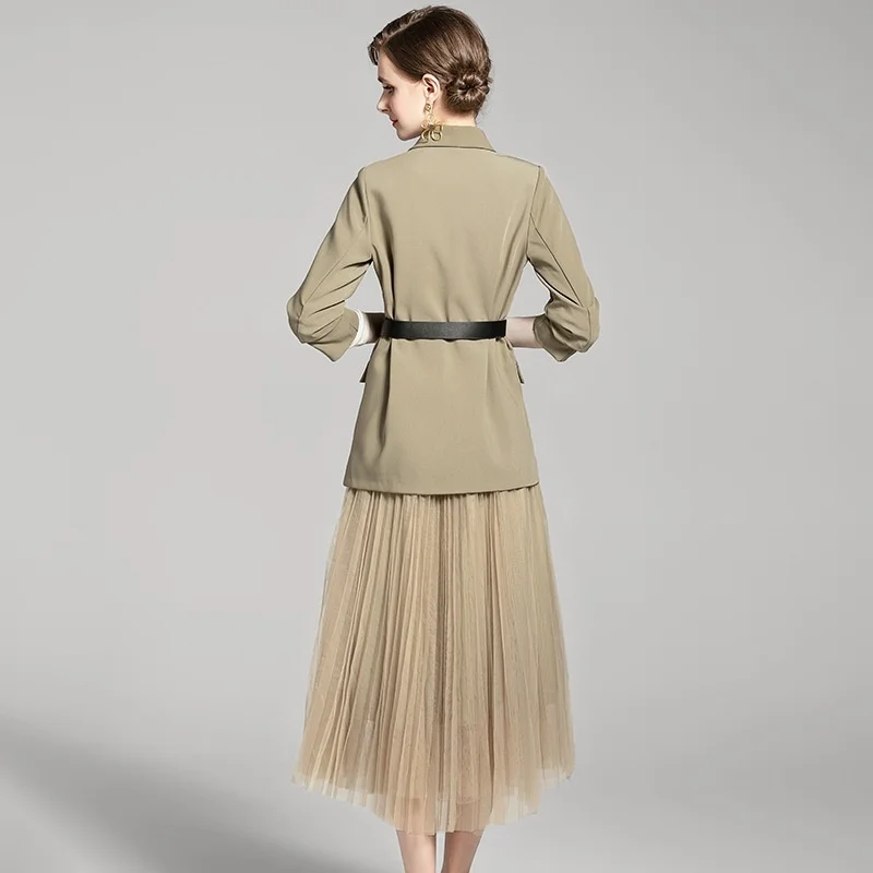 Women Oversized Long Coat Suit Mesh Skirt Two Piece Set 2021 spring summer Female Elegant Solid Blazer Dress Suits with Belt