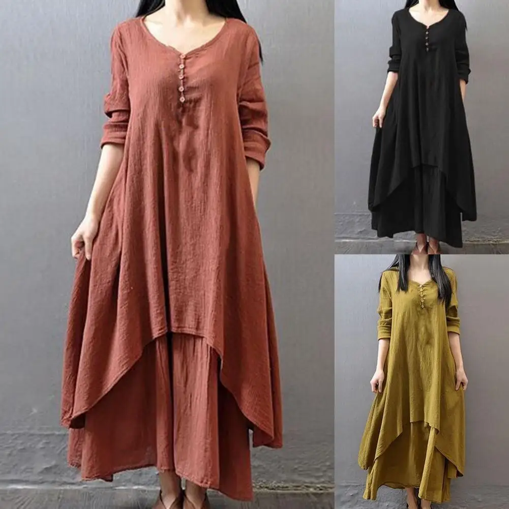 Autumn Dress Buttons Decor False Two Pieces Baggy Dress Large Hem V-Neck Solid Color Long Sleeve Retro Dress for Daily Wear
Autumn Dress Buttons Decor False Two Pieces Baggy Dress Large Hem V-Neck Solid Color Long Sleeve Retro Dress for Daily Wear