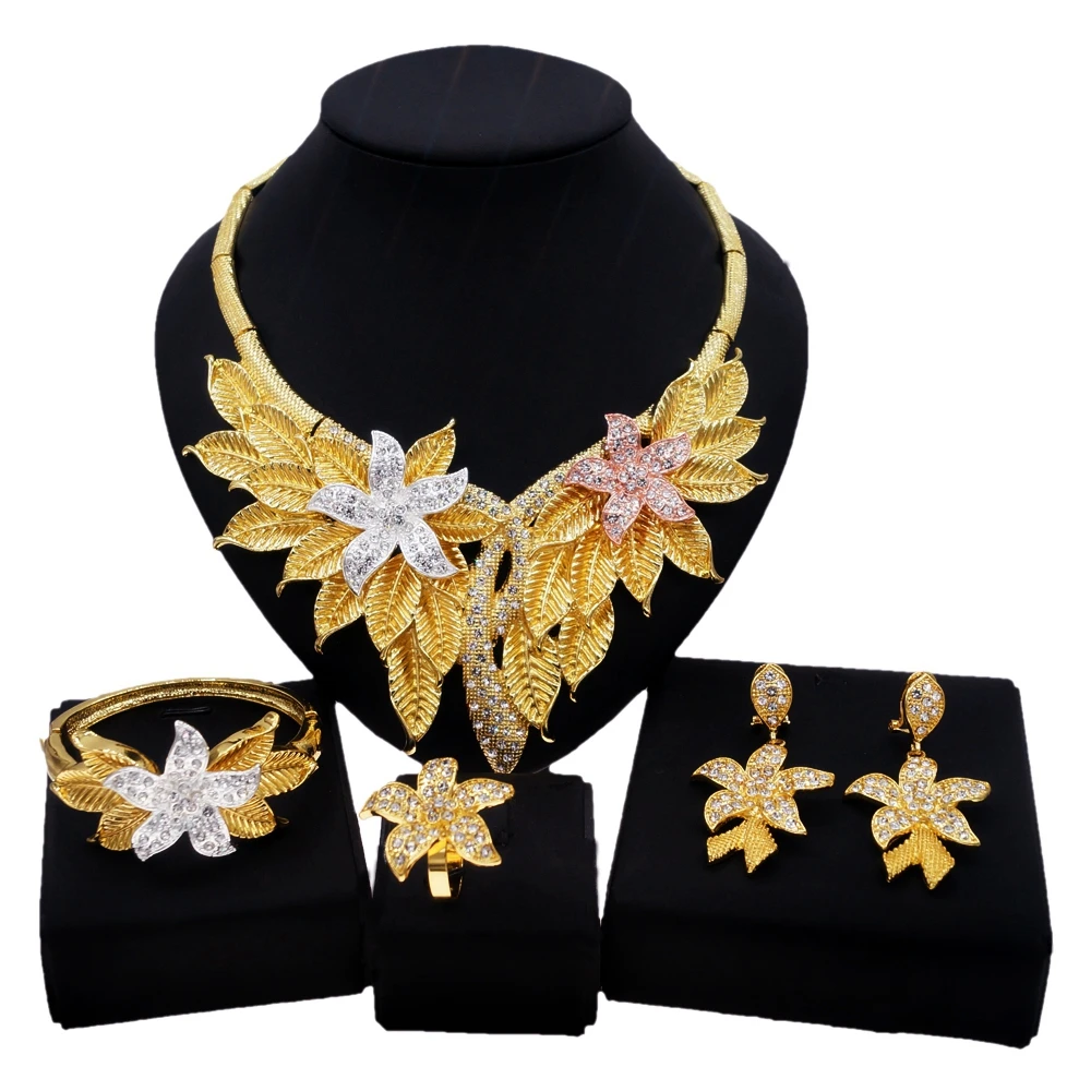 

Yulaili Fashion Crystal Flower Necklace Earrings Bracelet Ring Jewelry Sets For Women Nigerian Wedding Dubai Bridal Jewelery Set