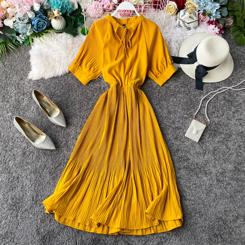 Women Solid color sweet Summer Dress 2021 New Arrival yellow Bow Short sleeve Long Dress Ruffles A-line High Waist Dress Vestido 
Women Solid color sweet Summer Dress 2021 New Arrival yellow Bow Short sleeve Long Dress Ruffles A-line High Waist Dress Vestido