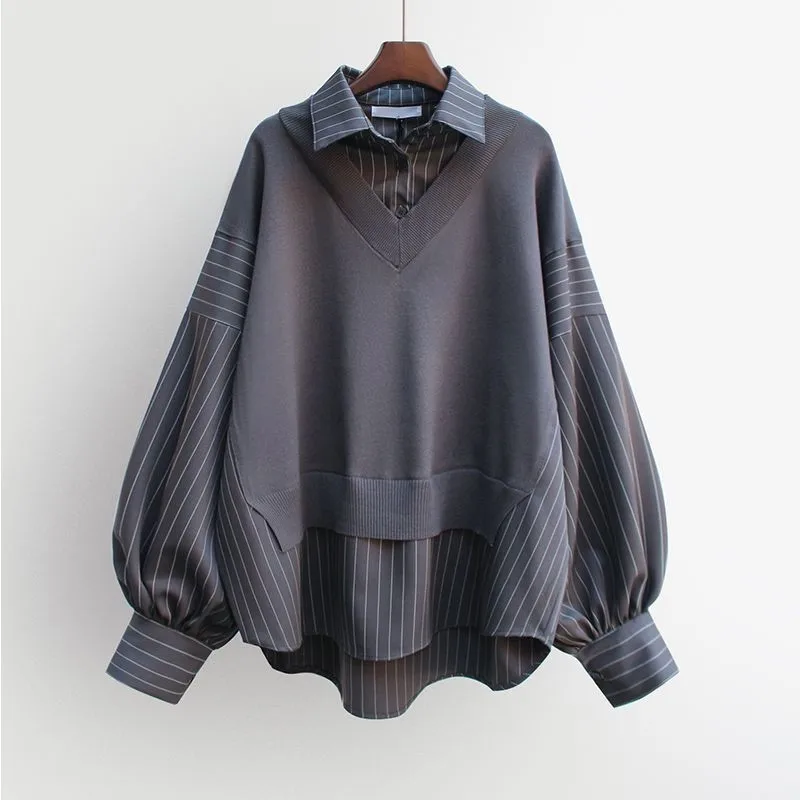 2021 Early Spring Stitching Fake Two-Piece Black Knitted Stripe Shirt Women's Mid-Length Loose Sweatshirt Coat Top Women 
2021 Early Spring Stitching Fake Two-Piece Black Knitted Stripe Shirt Women's Mid-Length Loose Sweatshirt Coat Top Women