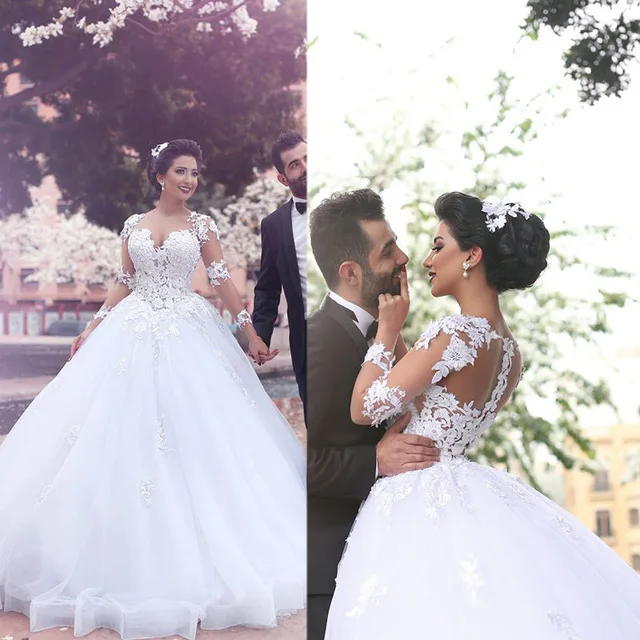 White Lace Appliques Ball Gown Wedding Dresses Sheer Back Long Sleeves Wedding Gowns Bride Dress robe de mariee
White Lace Appliques Ball Gown Wedding Dresses Sheer Back Long Sleeves Wedding Gowns Bride Dress robe de mariee