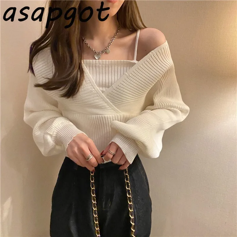 FAKUNTN Temperament Solid Slim Autumn Short V Neck White Knitted Tops Bottom Fake Two Pieces Pullovers Sweaters Lady Fashion
FAKUNTN Temperament Solid Slim Autumn Short V Neck White Knitted Tops Bottom Fake Two Pieces Pullovers Sweaters Lady Fashion