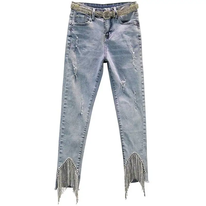 Spring 2021 New Rhinestone Fringed Pencil Pants Stretch Slim High Waist Light Blue Ripped Jeans Women Denim Pants Female Trouses
Spring 2021 New Rhinestone Fringed Pencil Pants Stretch Slim High Waist Light Blue Ripped Jeans Women Denim Pants Female Trouses